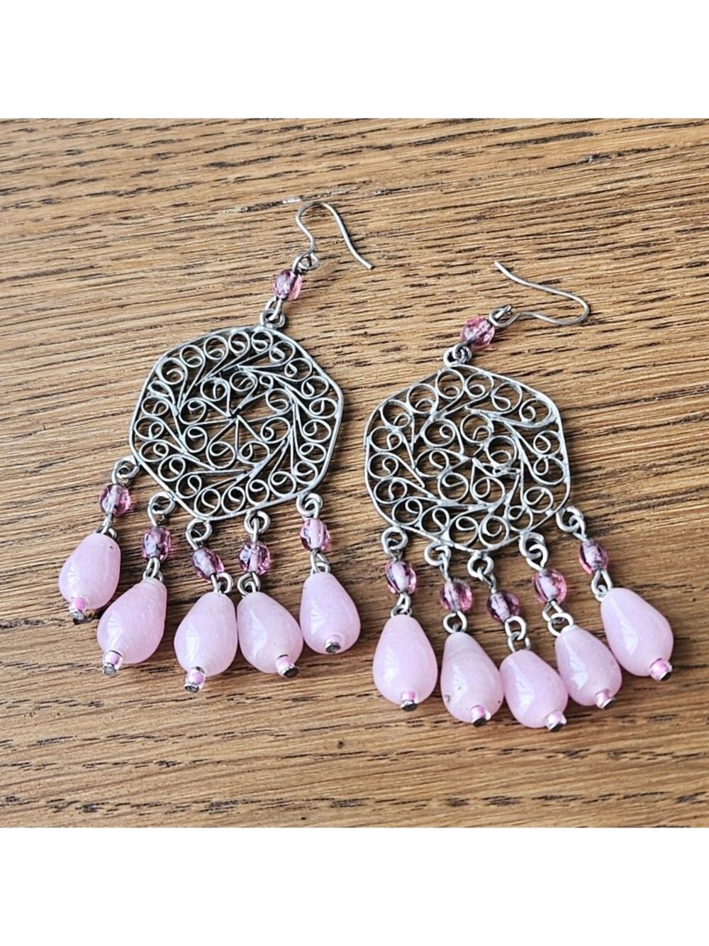 Silver Filigree Drop Earrings With rose quarts Dangling Teardrop bead Accents
